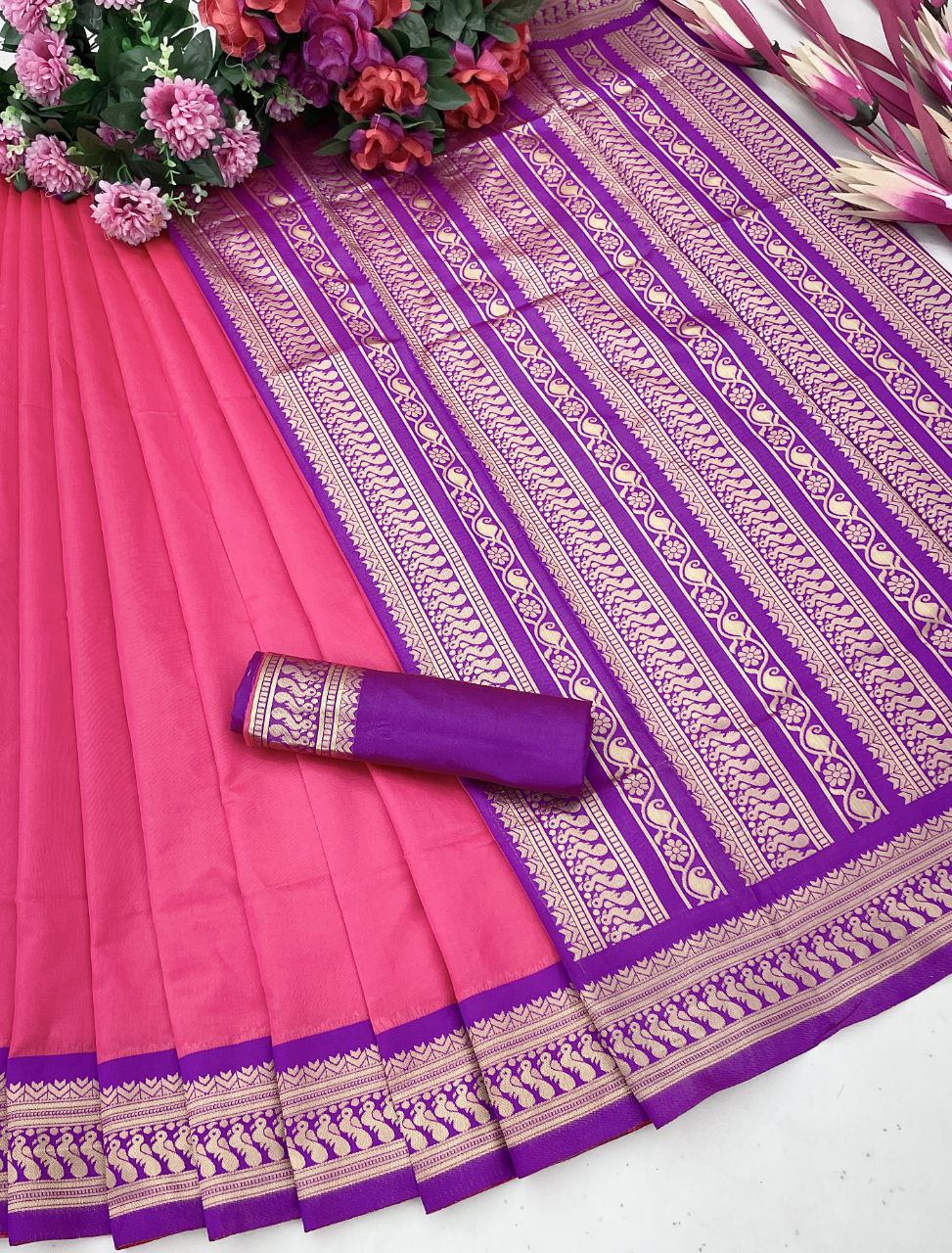 Designer Pink Color Golden Jari Soft Silk Saree