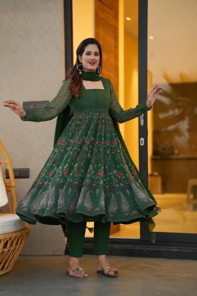 Gorgeous Green Color Chiffon Silk Anarkali Gown