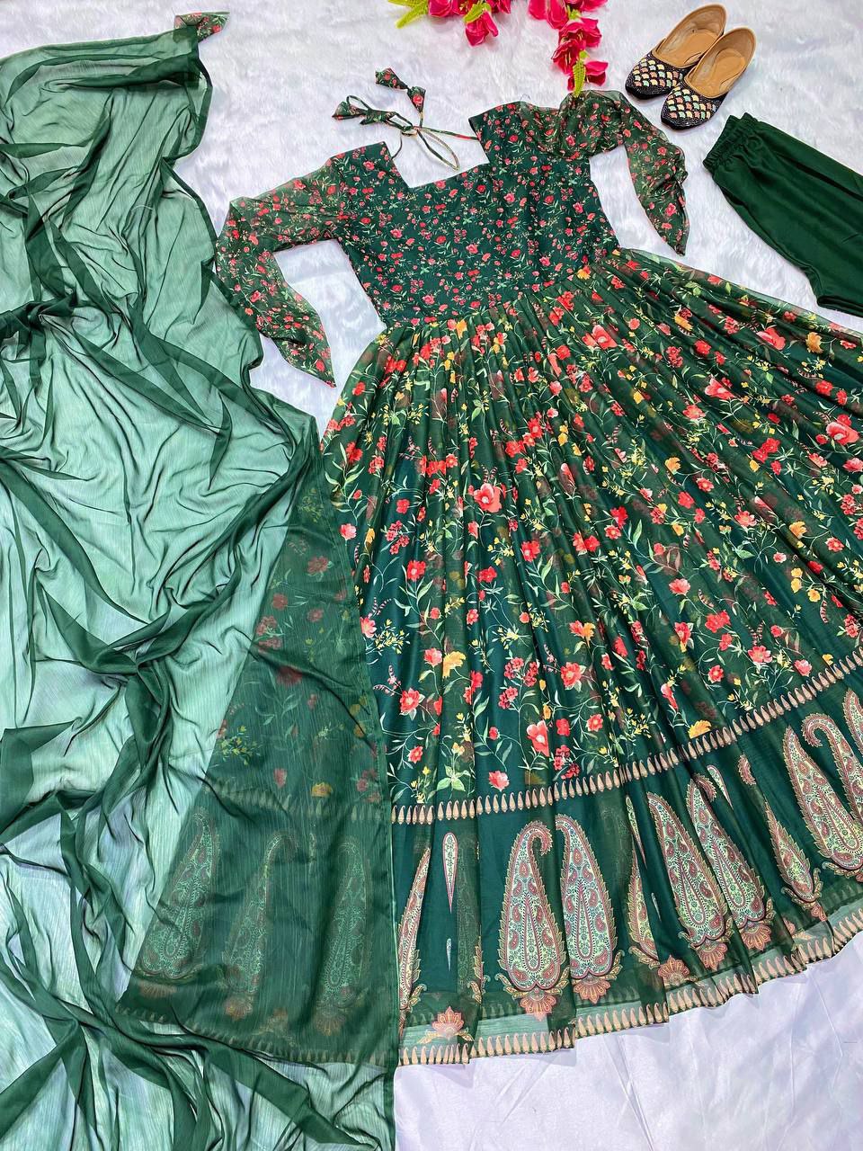 Gorgeous Green Color Chiffon Silk Anarkali Gown