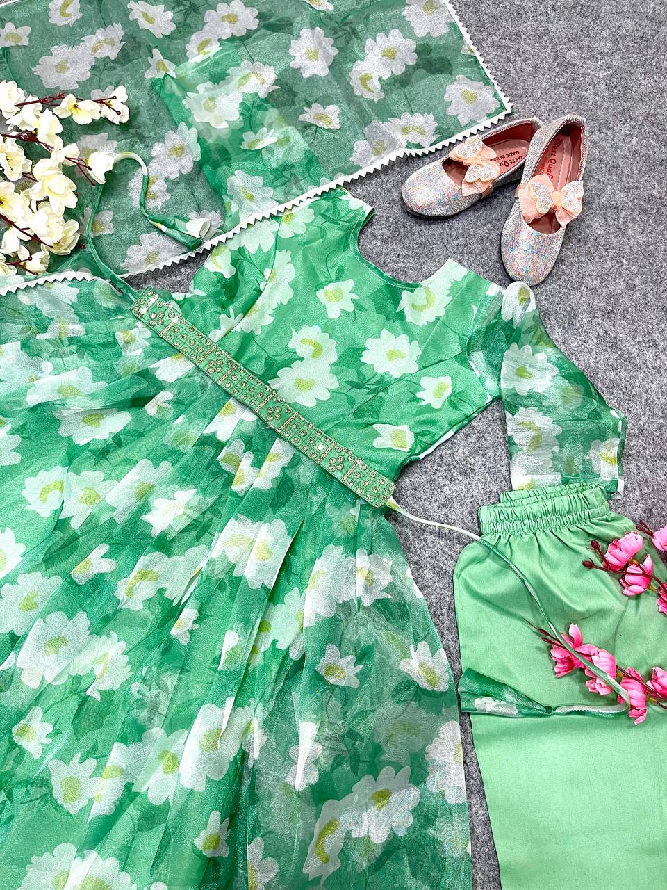Girls Wear Kids Green Color Organza Silk Gown