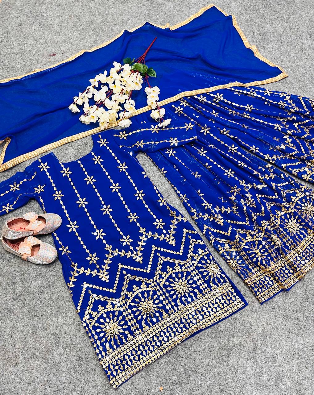 Girls Blue Color Embroidered Sharara Suit Set