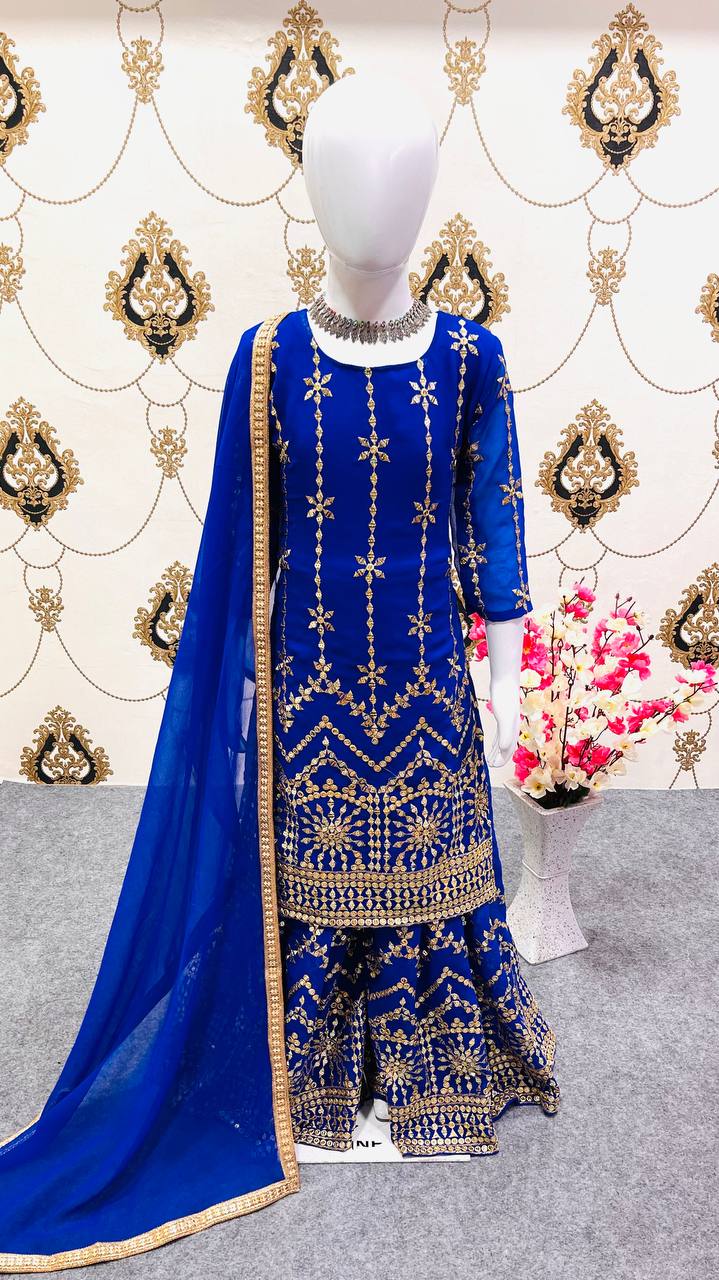 Girls Blue Color Embroidered Sharara Suit Set