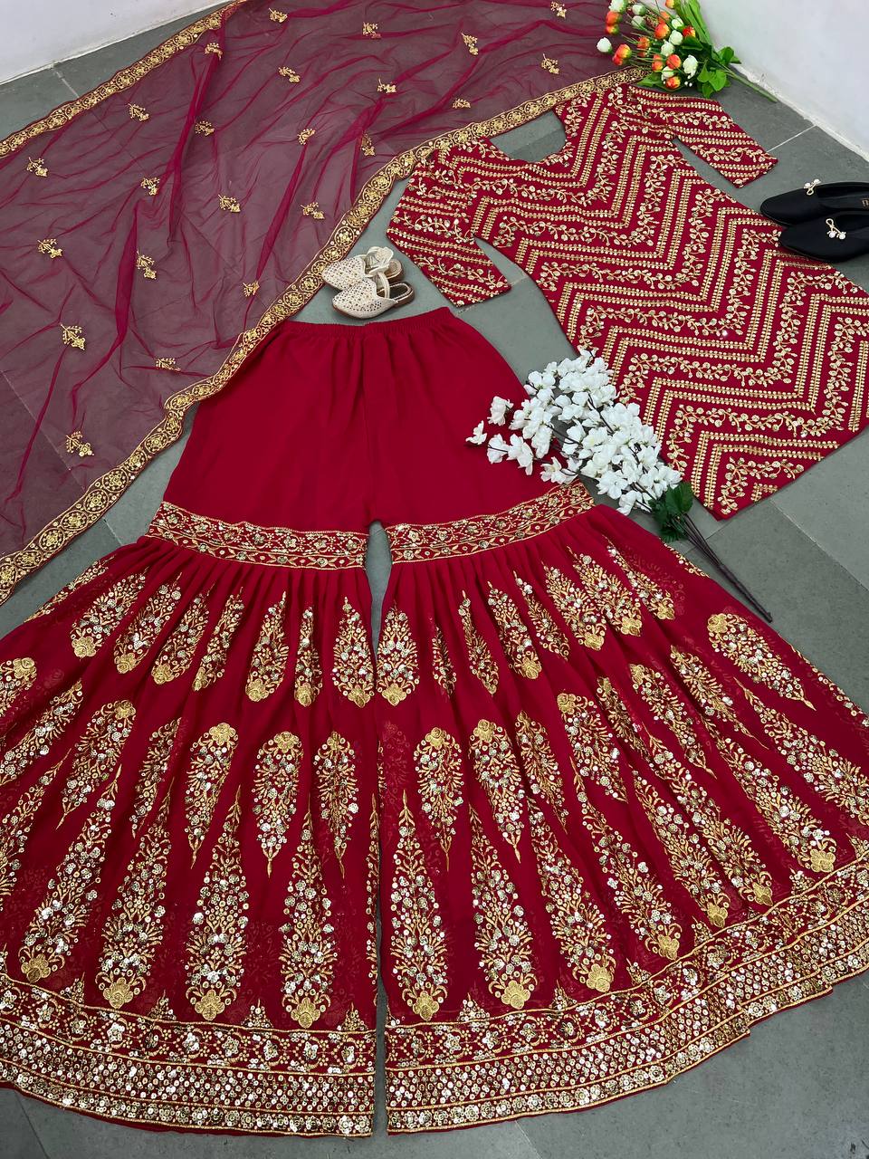 Heavy Sequence Work Dark Red Color Embellished Sharara Suit