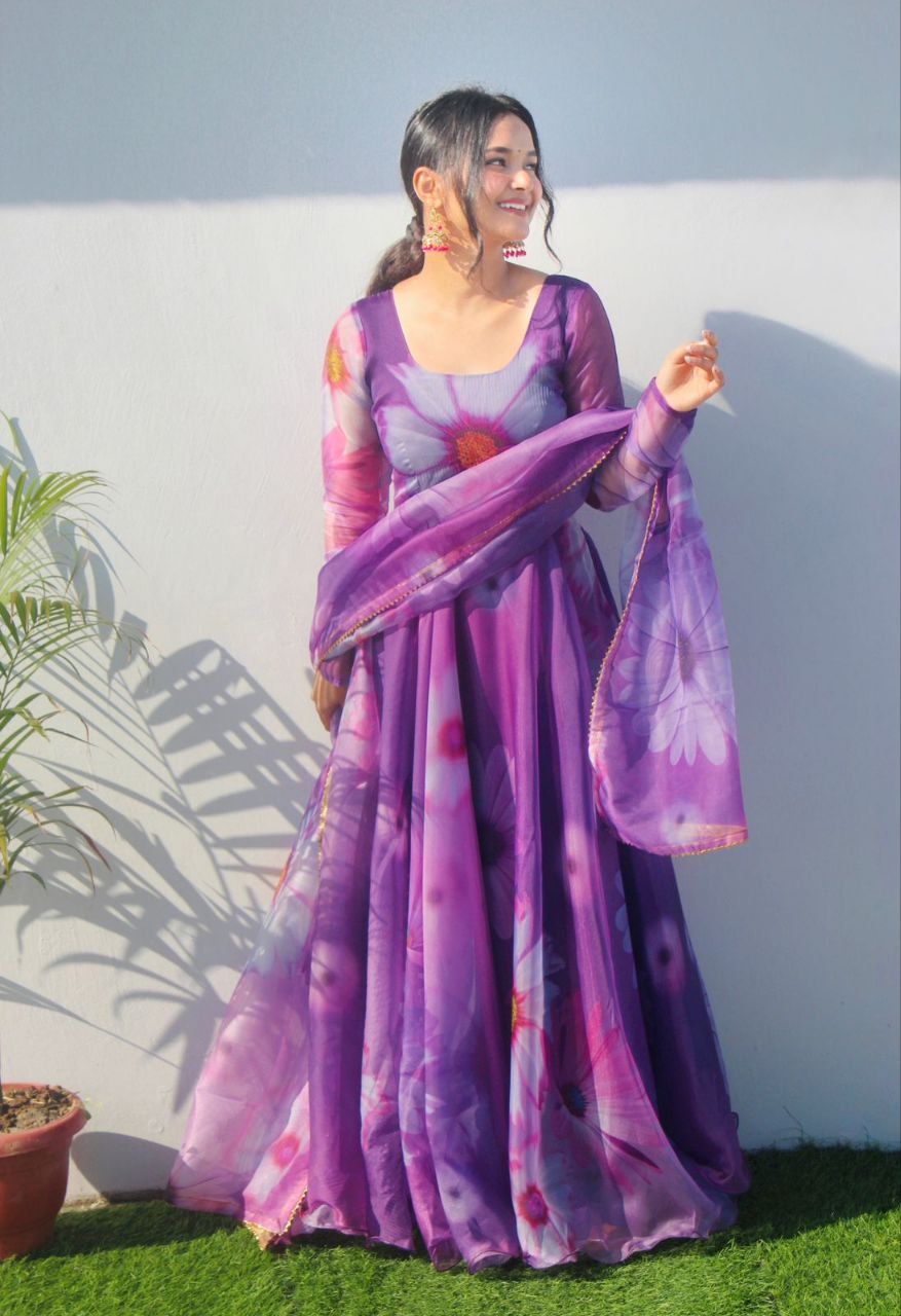Admiring Lavender Color Digital Print Gown