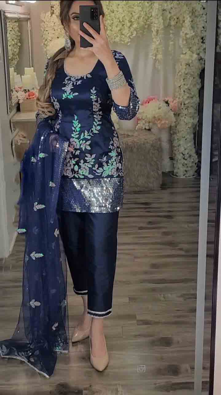 Rembo Embroidery Sequence Work Navy Blue Color Kurti With Pant