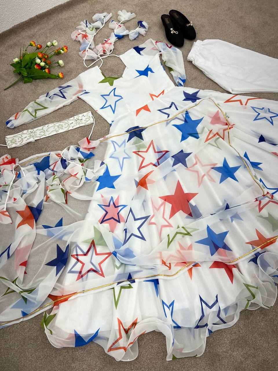 White Color Star Printed Party Wear Gown