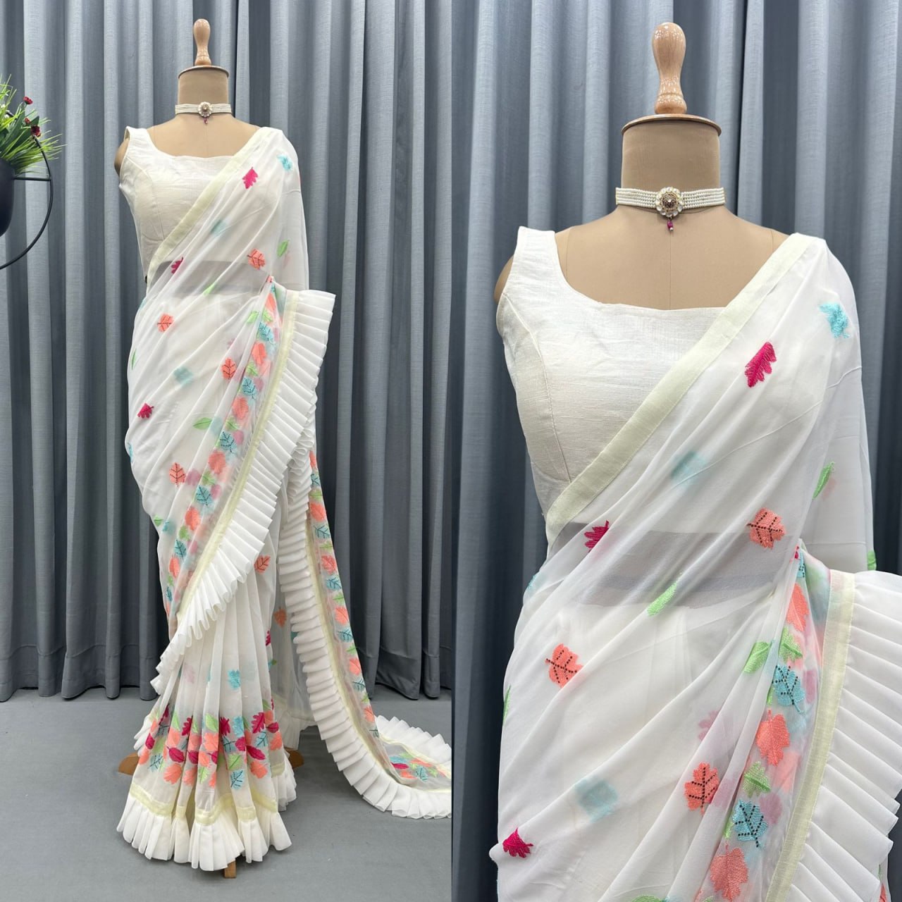 Elegant White Color Thread Work Ruffle Style Saree