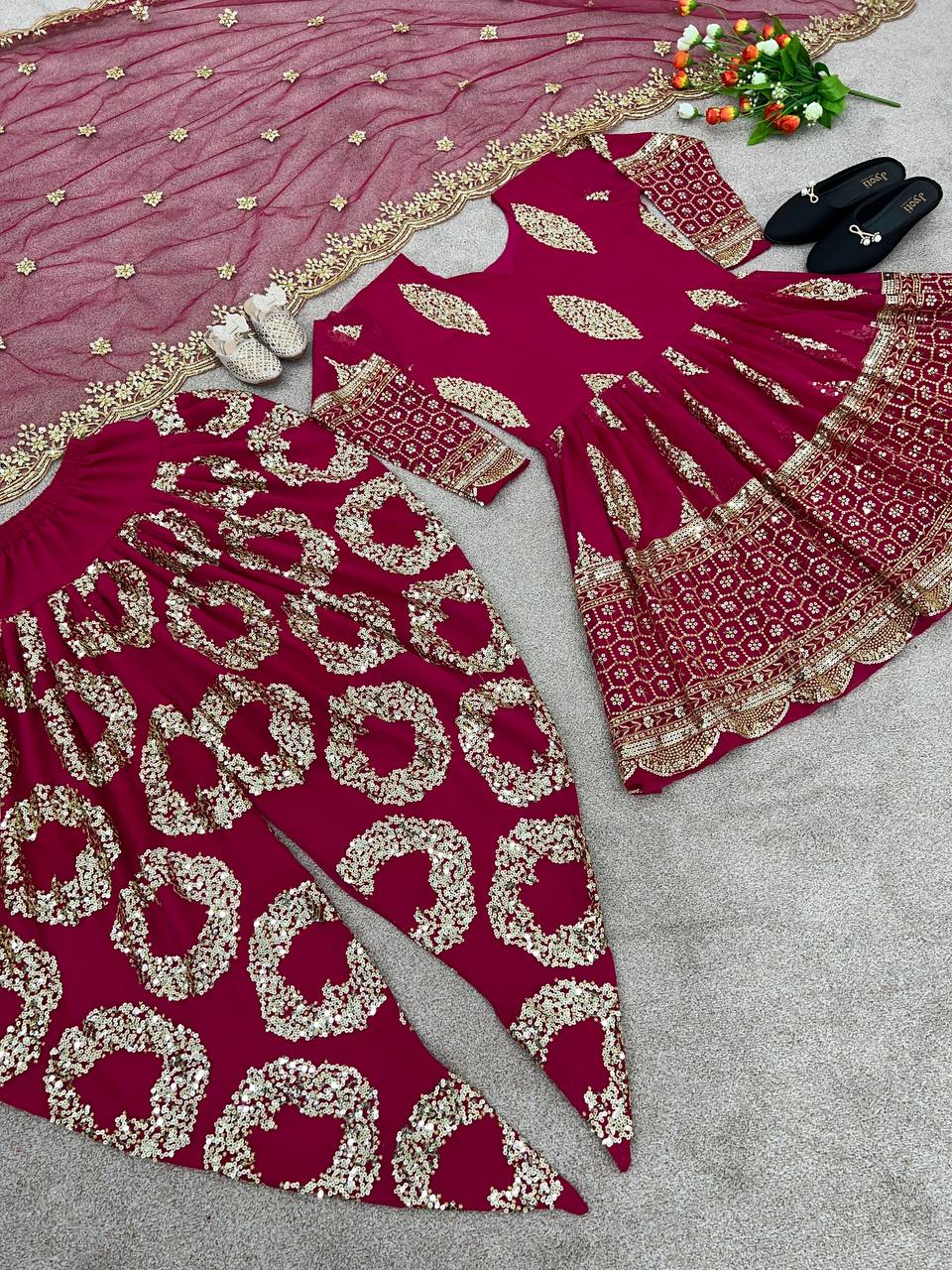 Stylish Pink Color Heavy Sequence Work Dhoti Suit