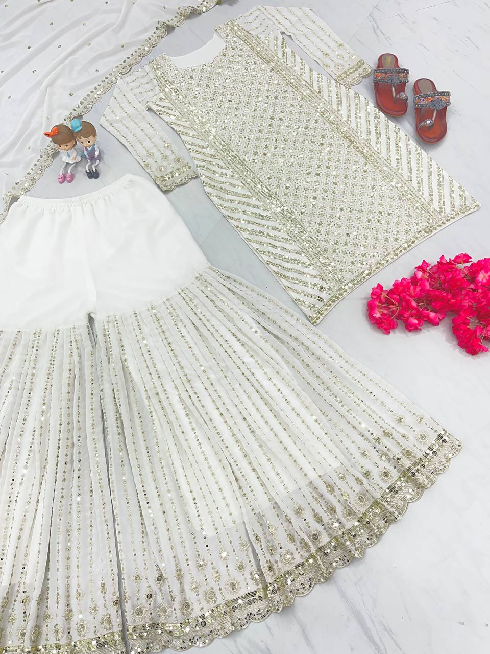 White Color Embellished Sequence Sharara Suit