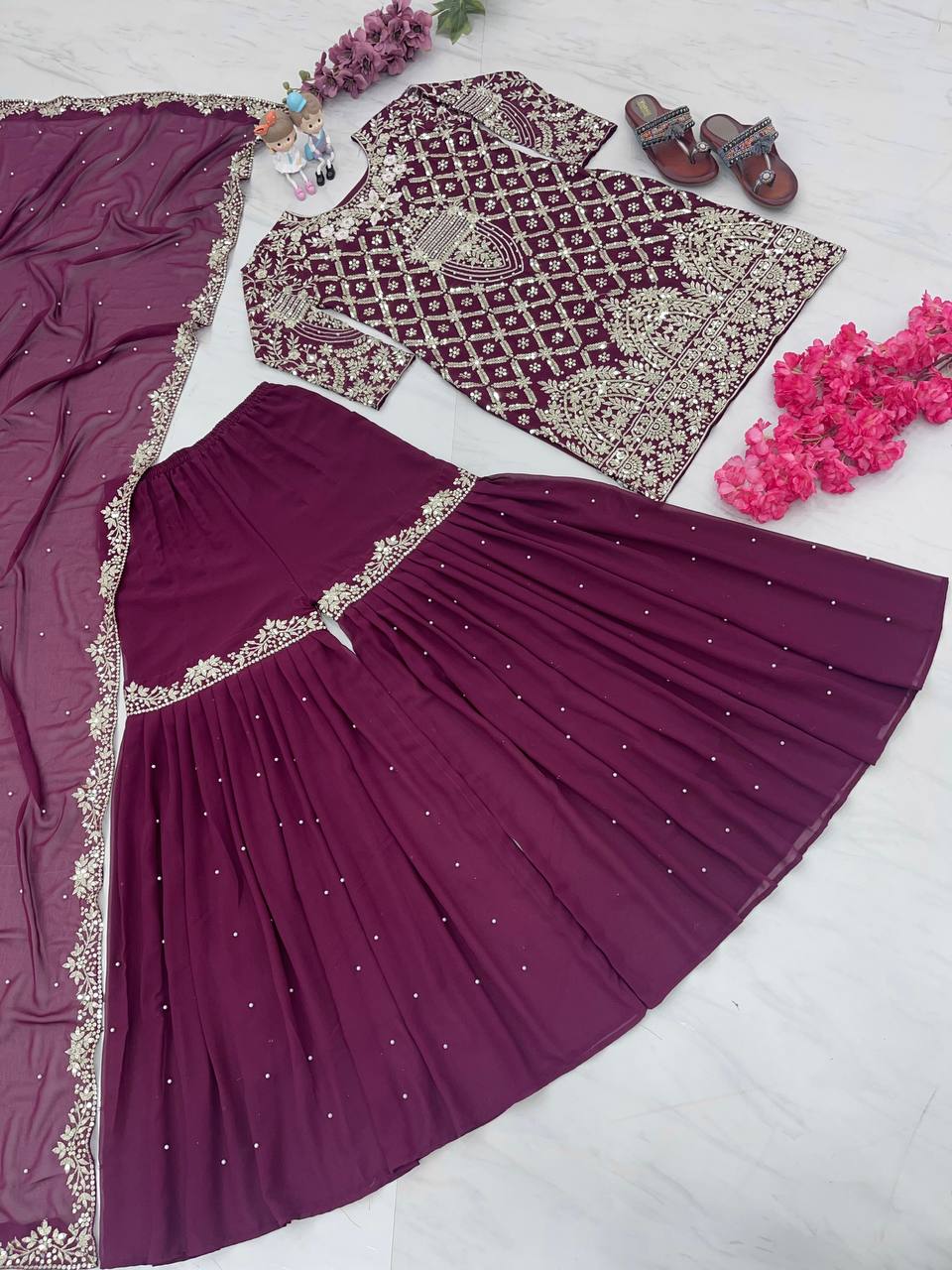 Fabulous Embroidery Sequence Work Wine Color Sharara Suit