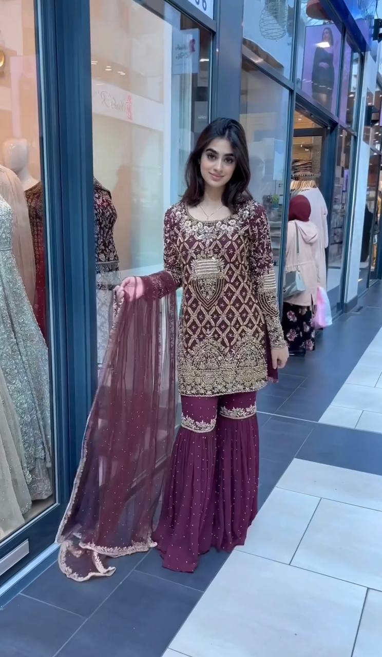 Fabulous Embroidery Sequence Work Wine Color Sharara Suit
