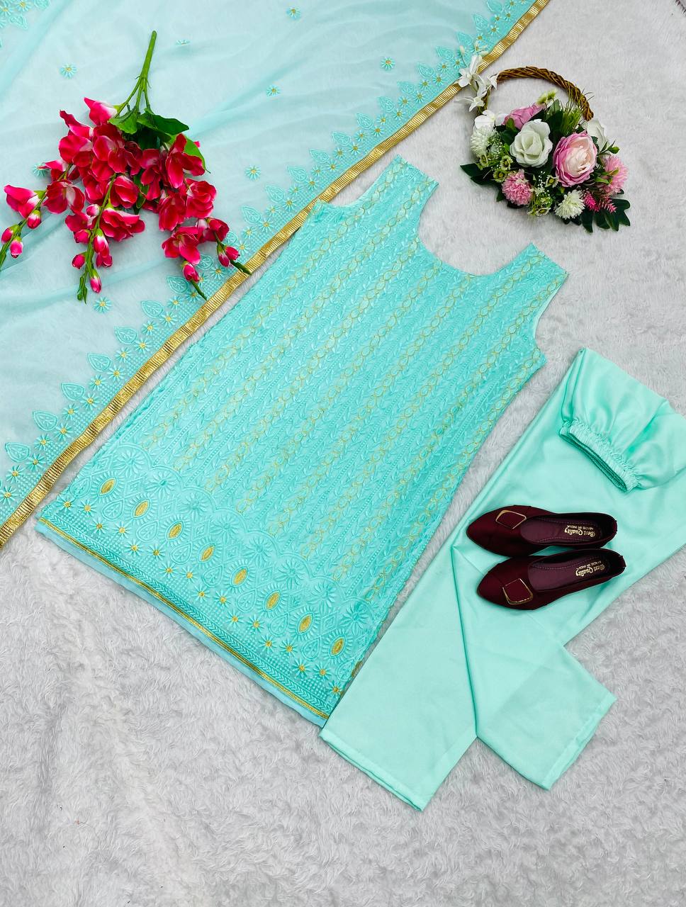 Stylish Sky Blue Color Thread Work Salwar Suit
