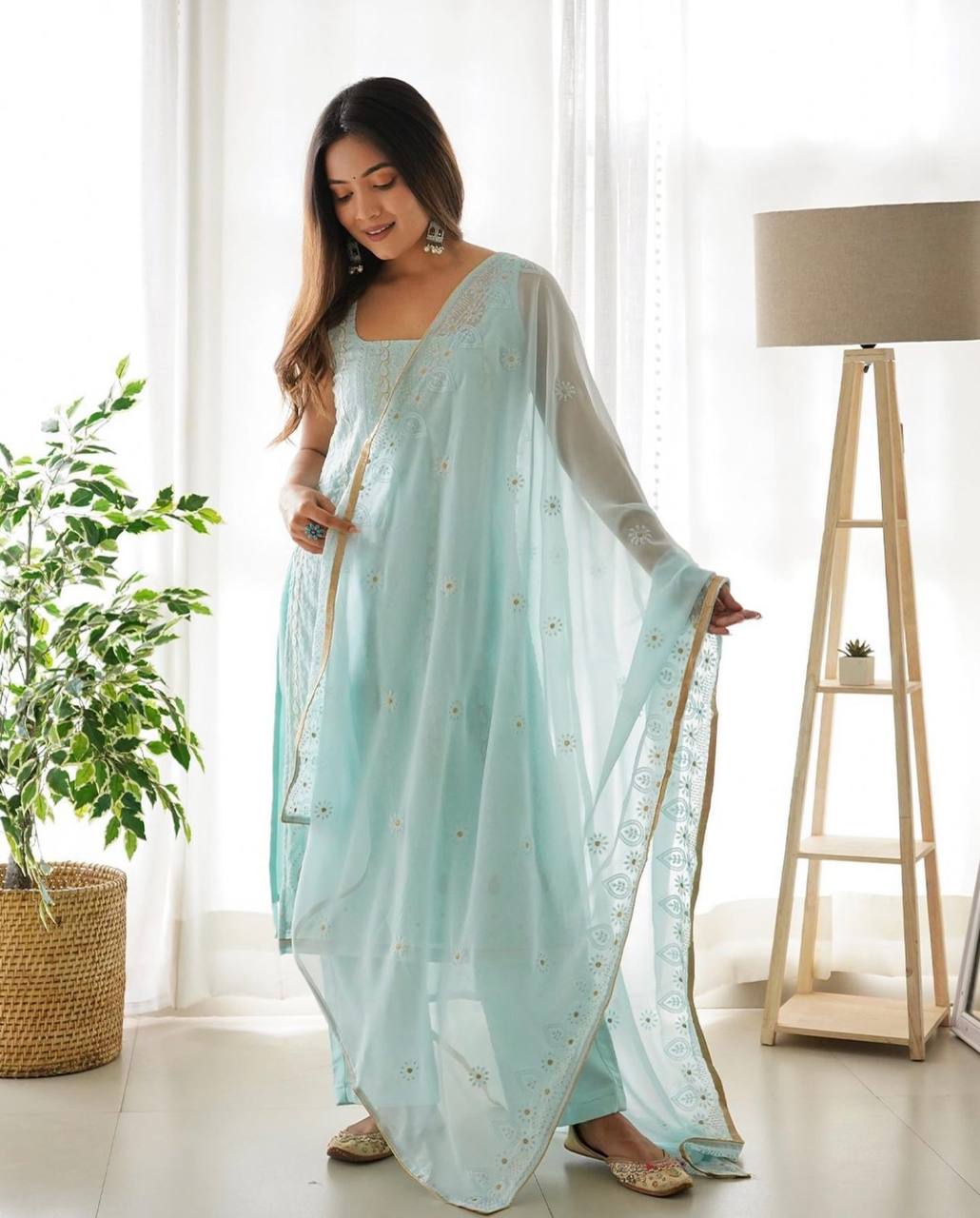 Stylish Sky Blue Color Thread Work Salwar Suit