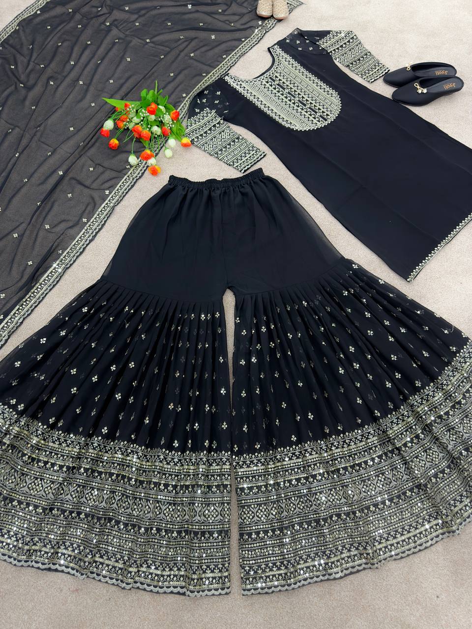 Embellished Black Color Sequence Sharara Suit