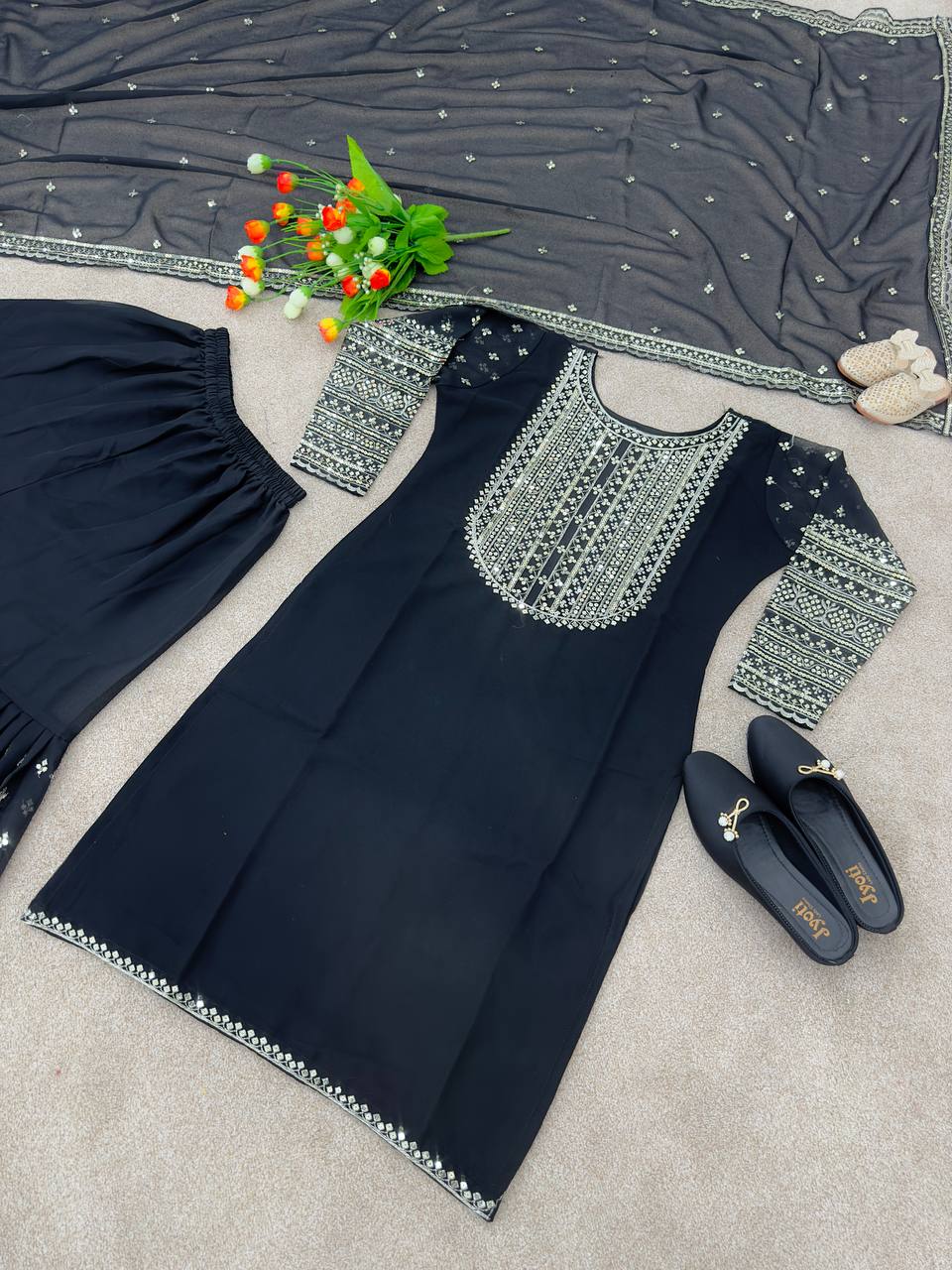Embellished Black Color Sequence Sharara Suit
