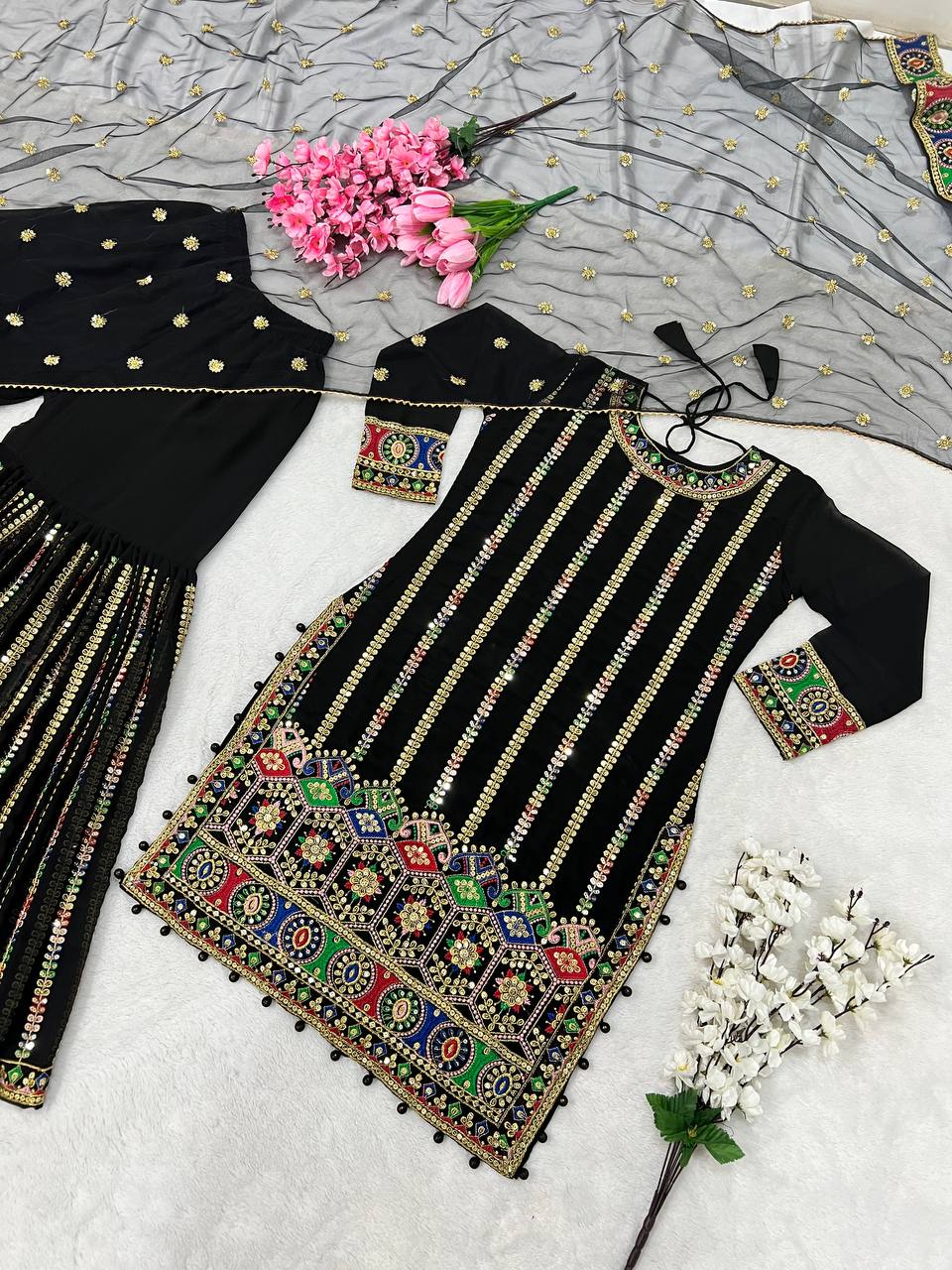 Multi Embroidery Sequence Work Black Color Sharara Suit