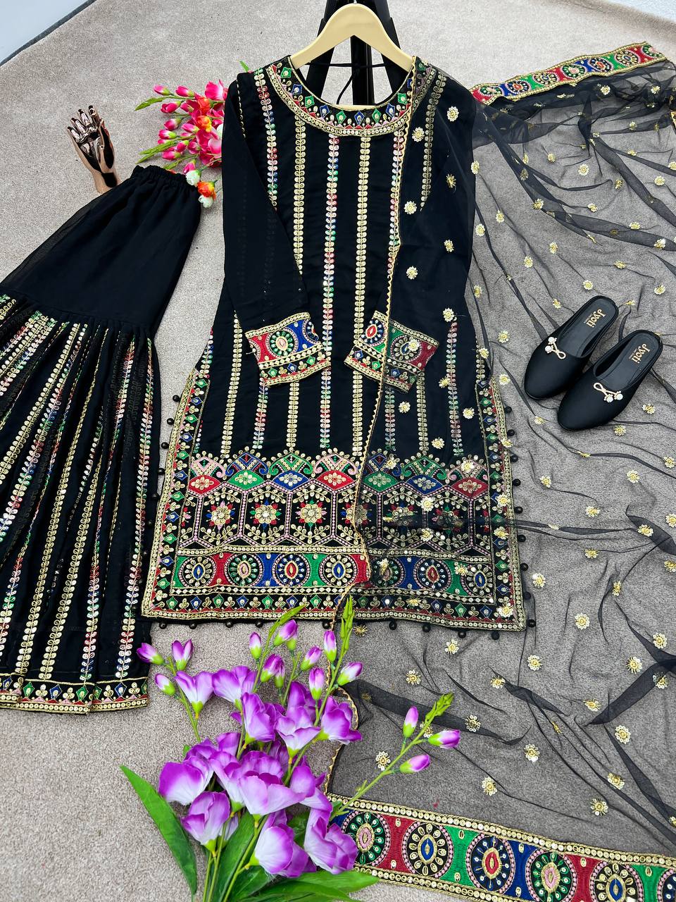Multi Embroidery Sequence Work Black Color Sharara Suit