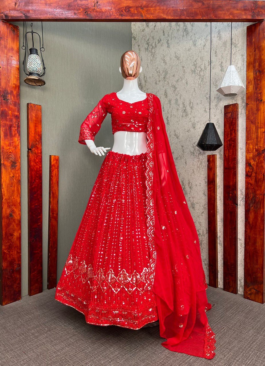Red Color Embroidery Sequence Work Lehenga Wedding Choli