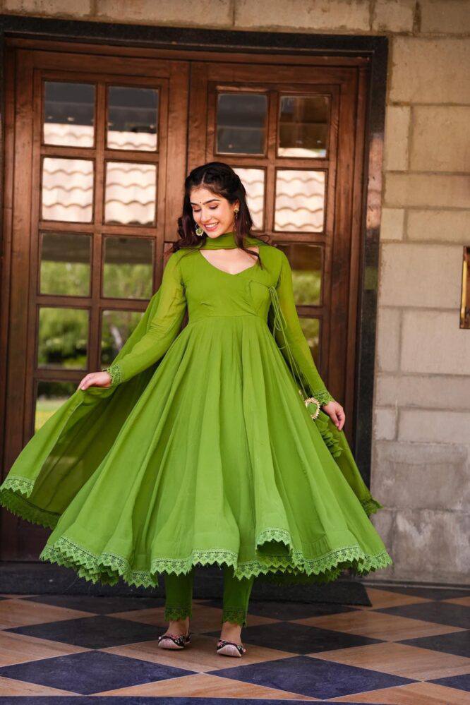 Flattering Parrot Green Color Full Sleeve Anarkali Gown