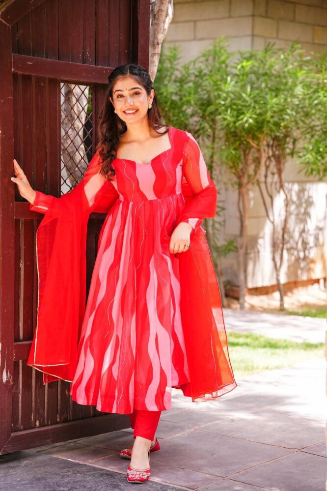 Superhit Red Color Ribbon Work Organza Anarkali Gown