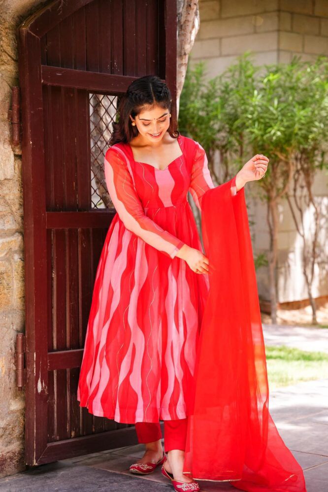 Superhit Red Color Ribbon Work Organza Anarkali Gown