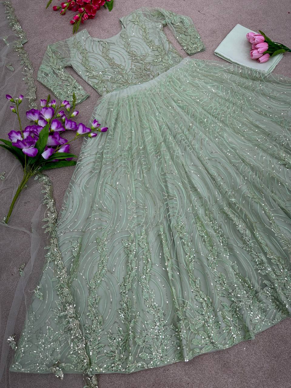 Gorgeous Shine Sequence Work Pista Color Gown