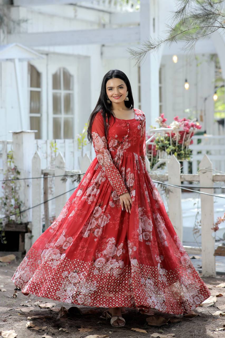 Decent Embroidery Work With Printed Red Color Gown