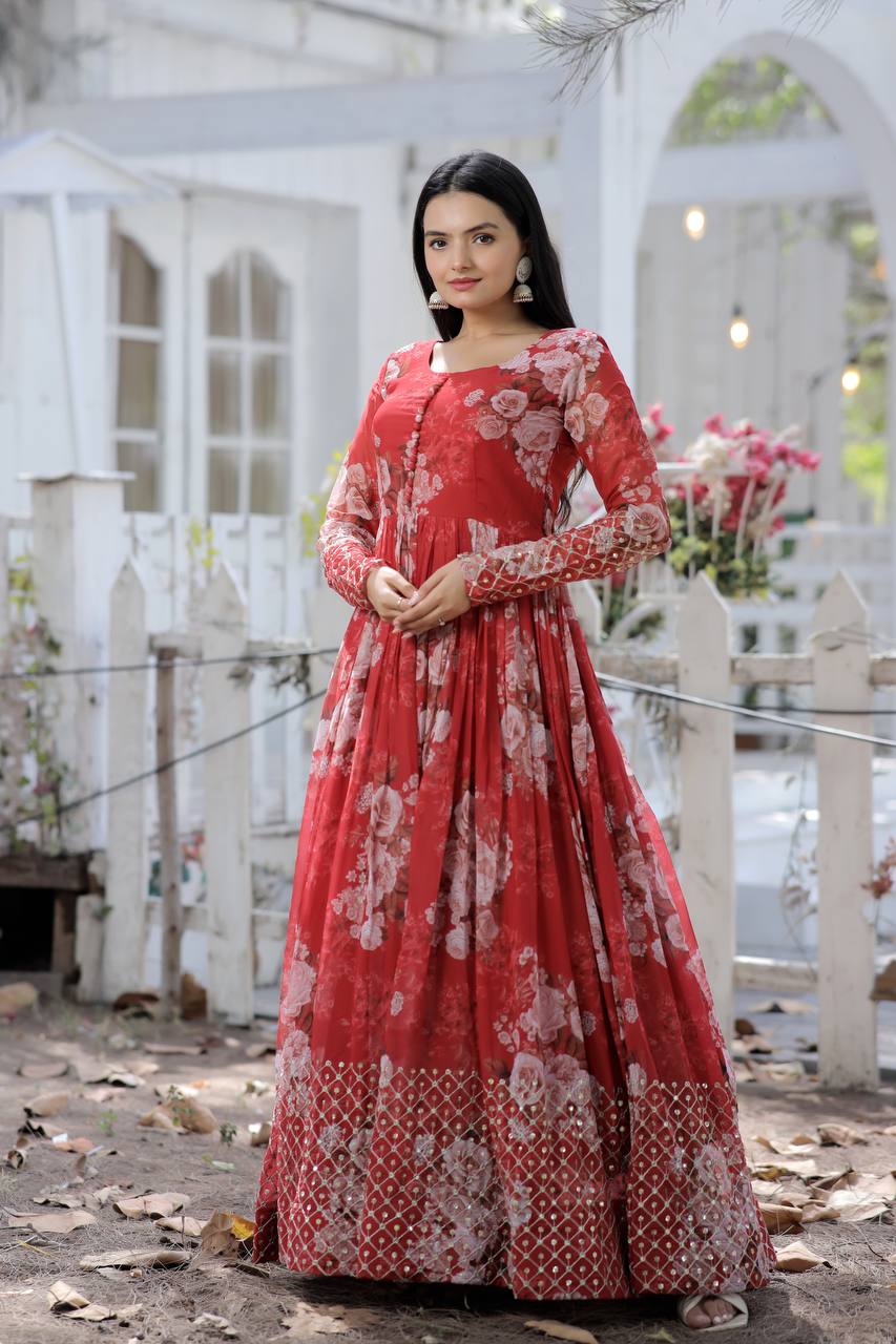 Decent Embroidery Work With Printed Red Color Gown