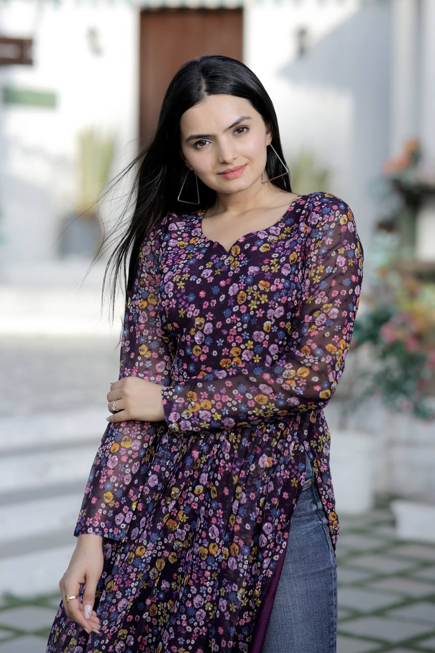 Pretty Wine Color Floral Digital Print Kurti