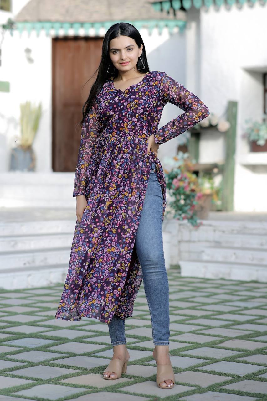 Pretty Wine Color Floral Digital Print Kurti