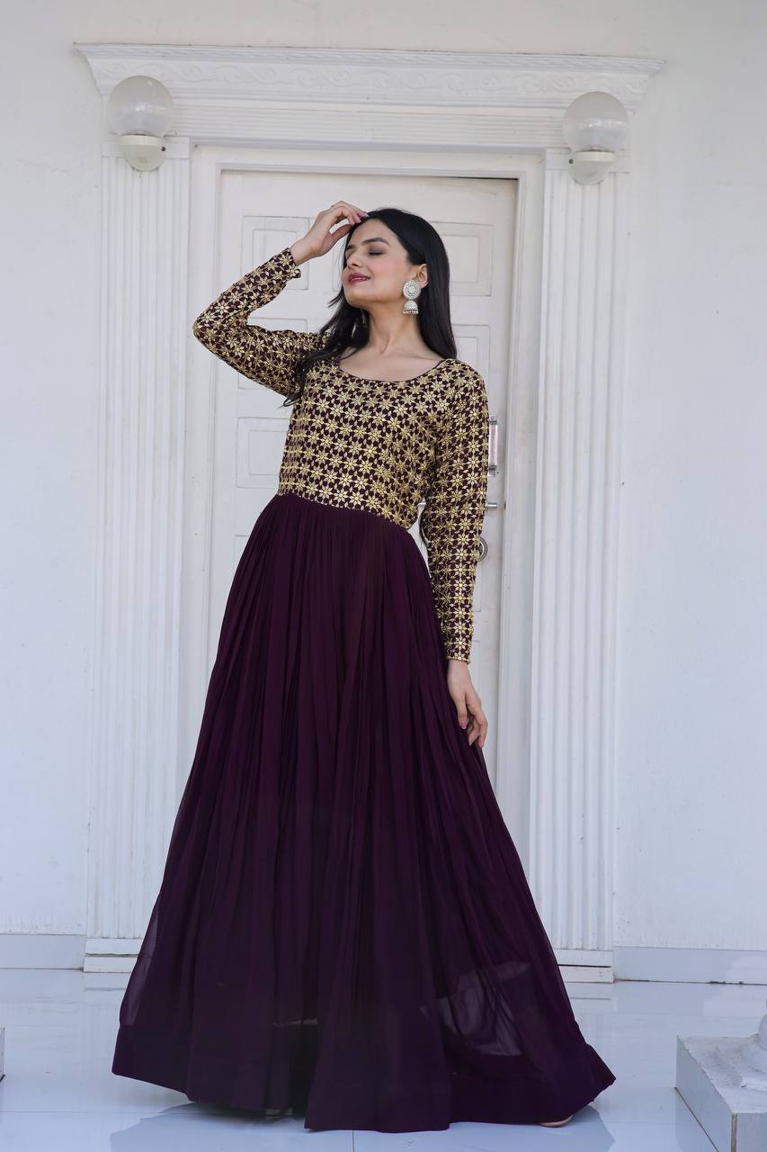 Wine Color Embroidered Sequence Work Superhit Gown