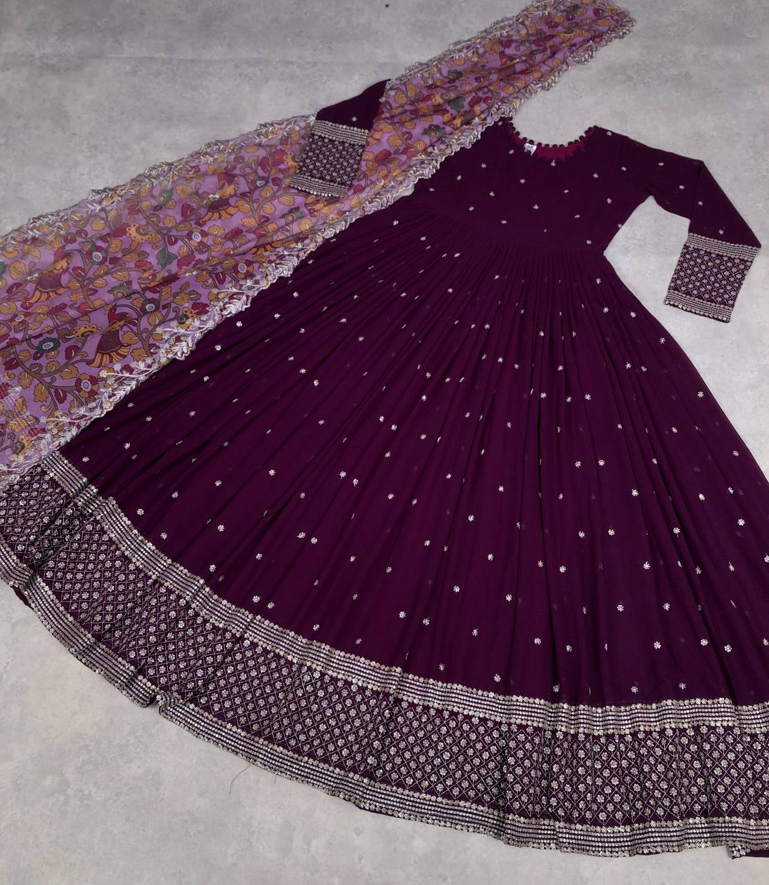 Innovative Work Wine Gown With Organza Dupatta