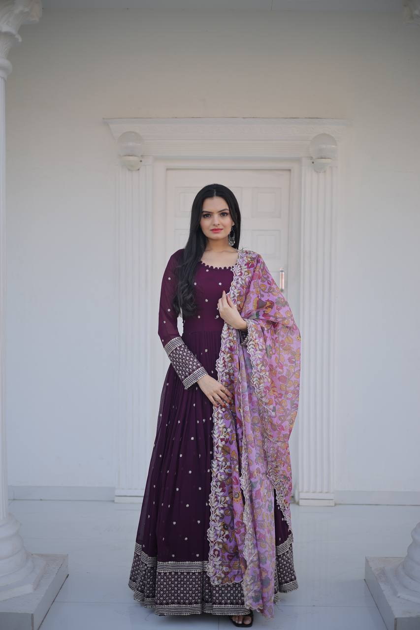 Innovative Work Wine Gown With Organza Dupatta