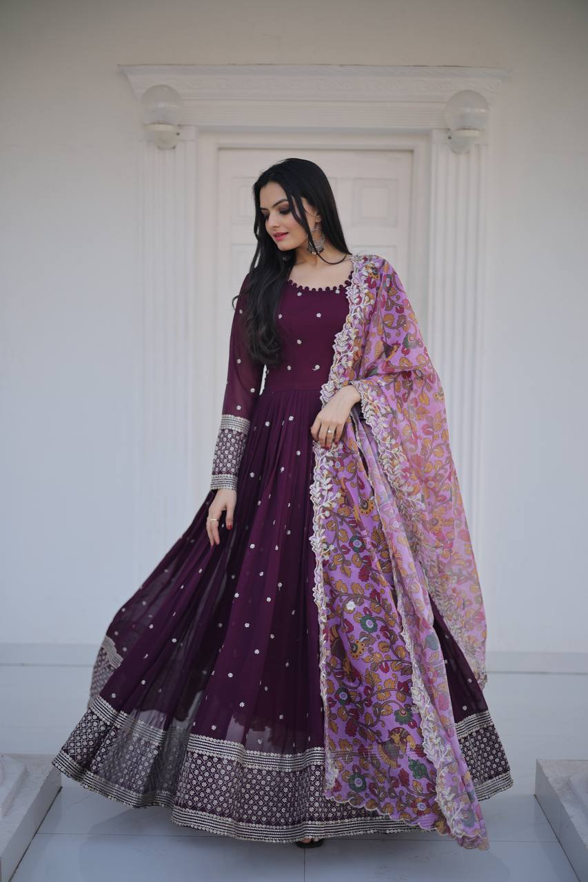 Innovative Work Wine Gown With Organza Dupatta