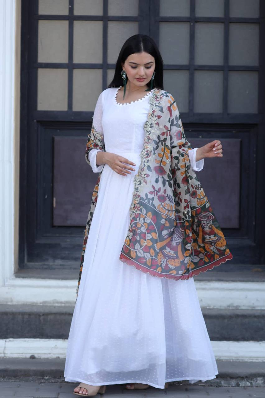 Kalamkari Print Organza Multi Color Dupatta With White Gown