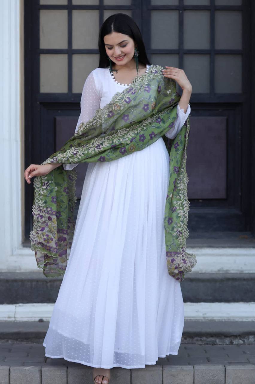 Beautiful Print Organza Green Color Dupatta With White Gown