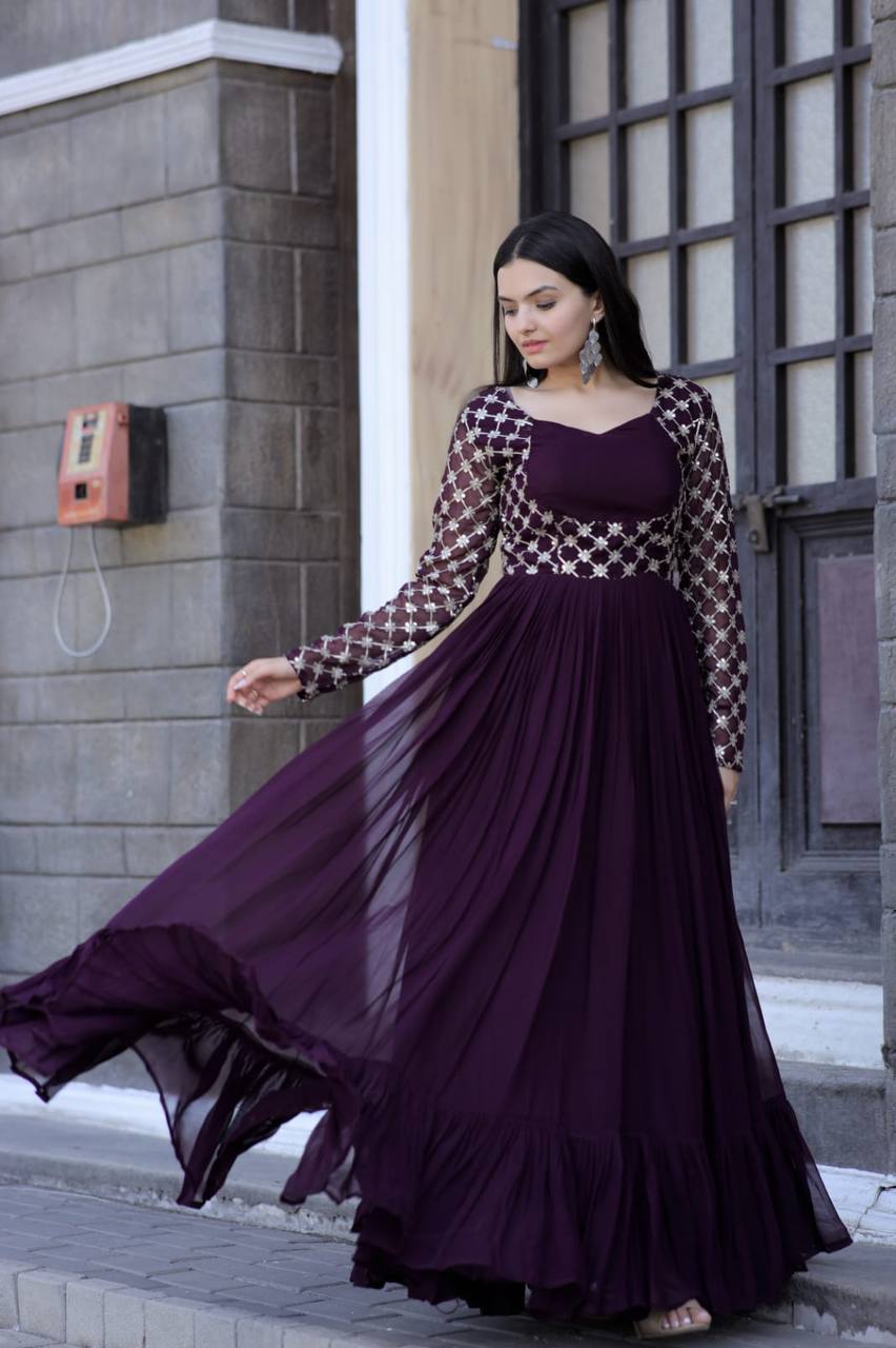 Elegant Wine Color Full Sleeve Embroidered Work Gown