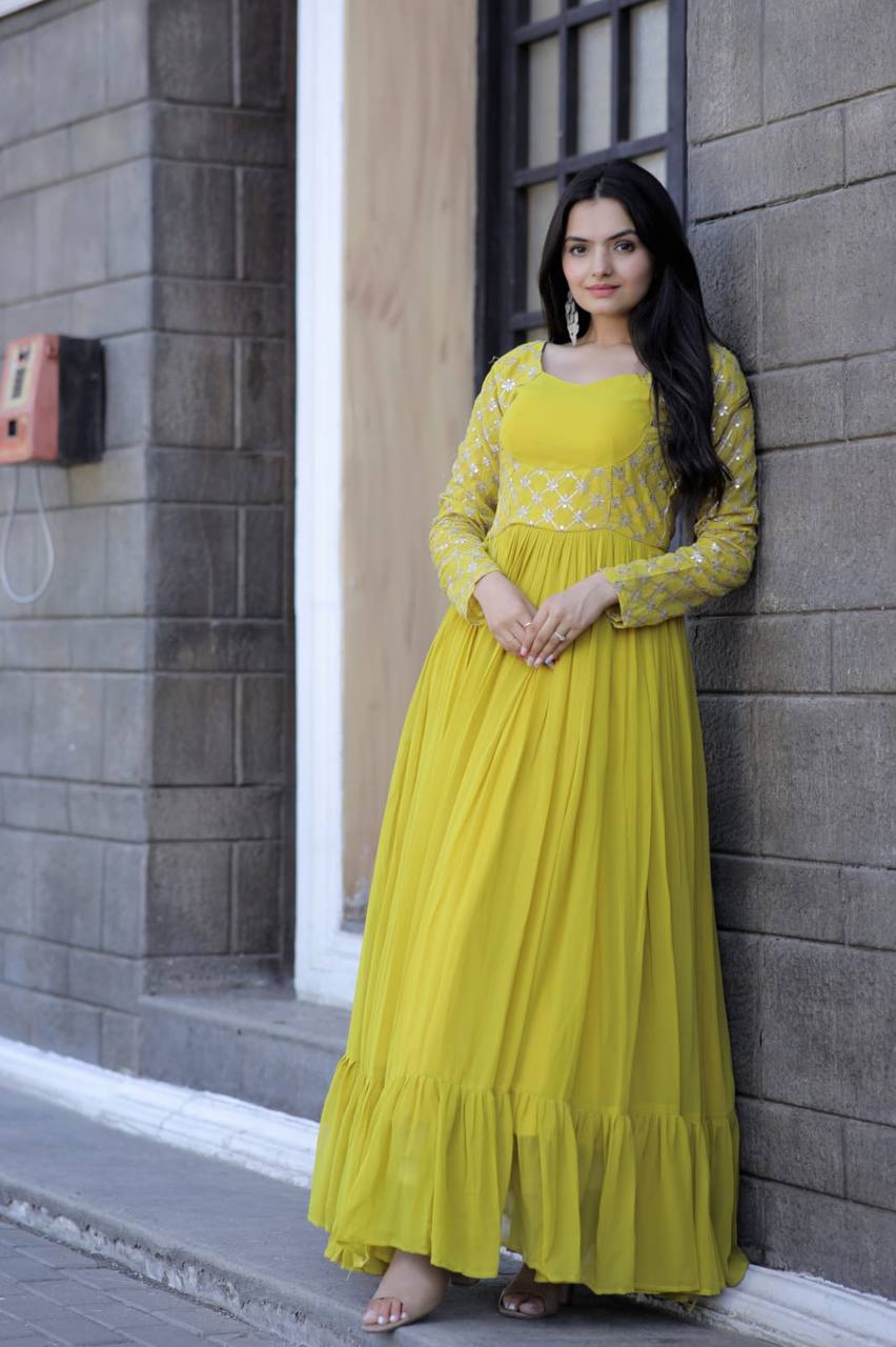 Elegant Yellow Color Full Sleeve Embroidered Work Gown