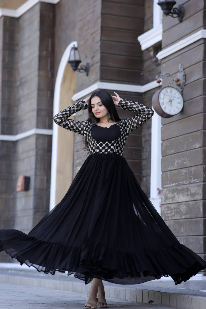 Elegant Black Color Full Sleeve Embroidered Work Gown