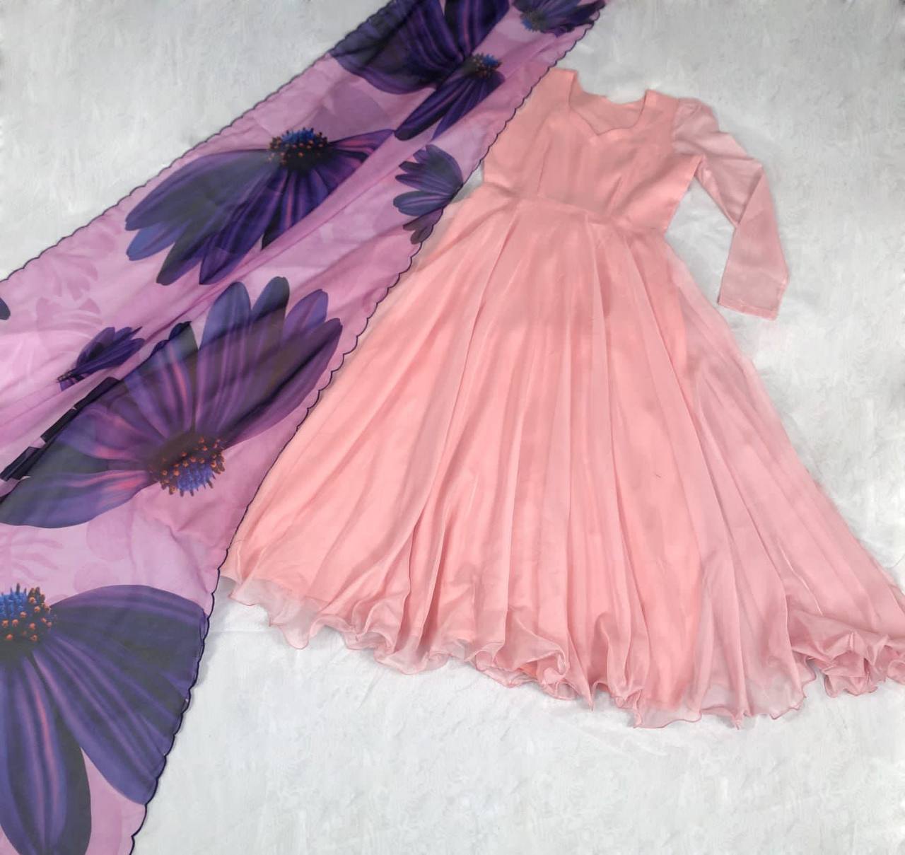 Peach Color Plain Gown With Print Dupatta