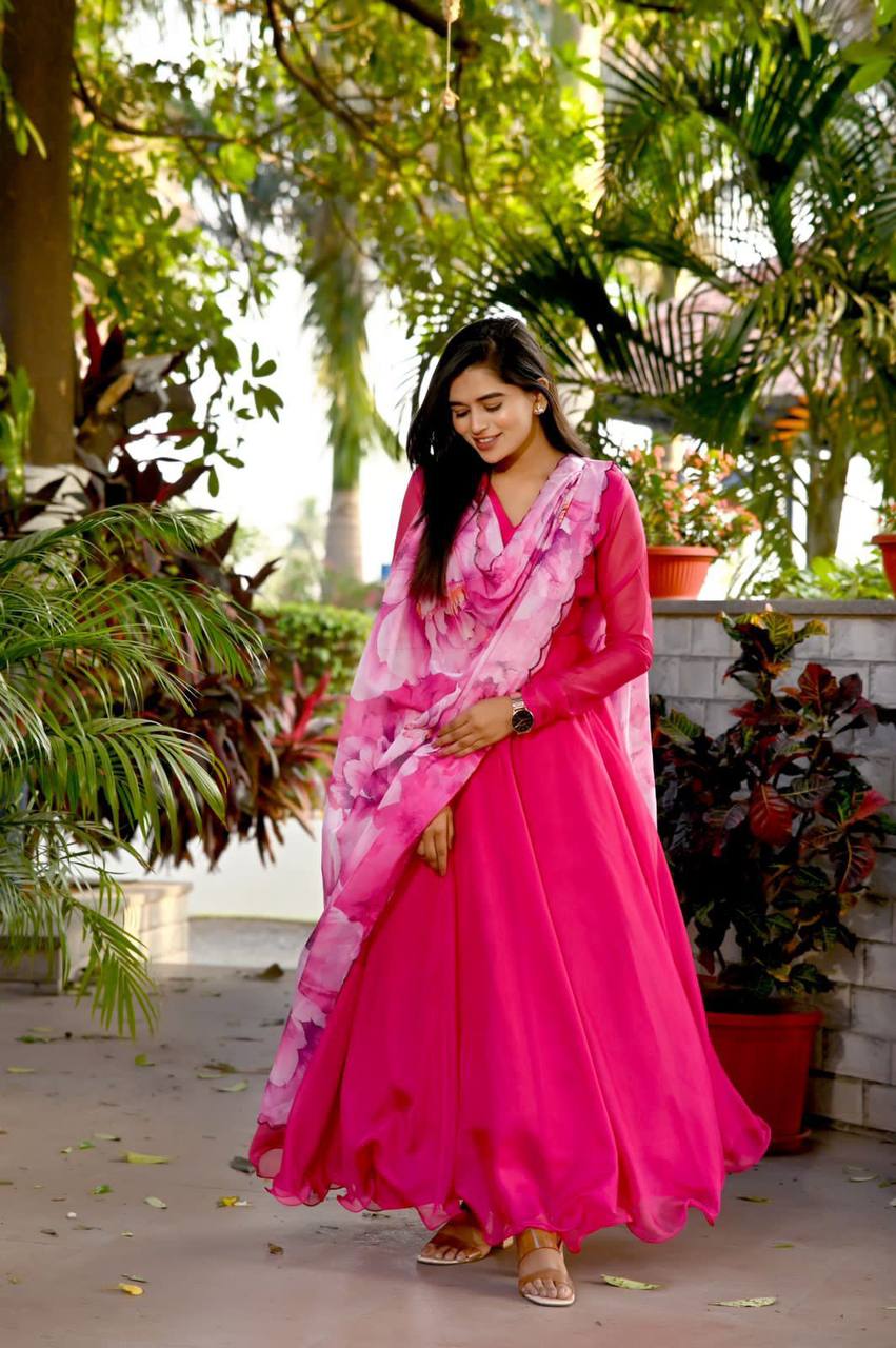 Deep Magenta Plain Anarkali Style Gown With Dupatta