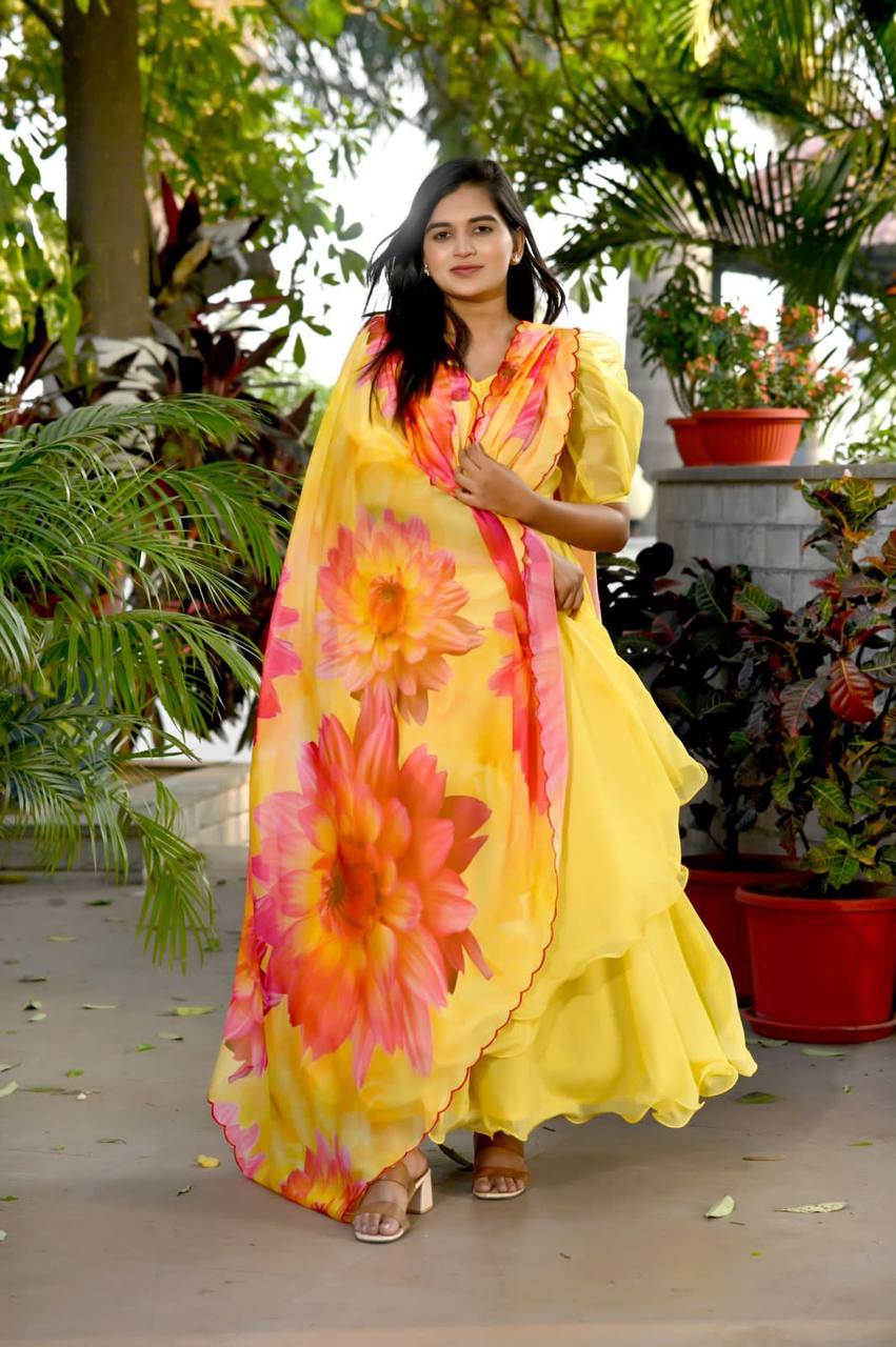 Yellow Color Plain Gown With Print Dupatta