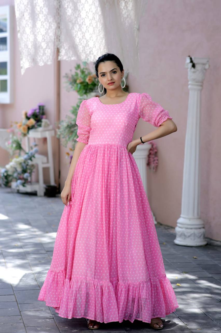 Polka Dot Print Light Pink Color Ruffle Gown