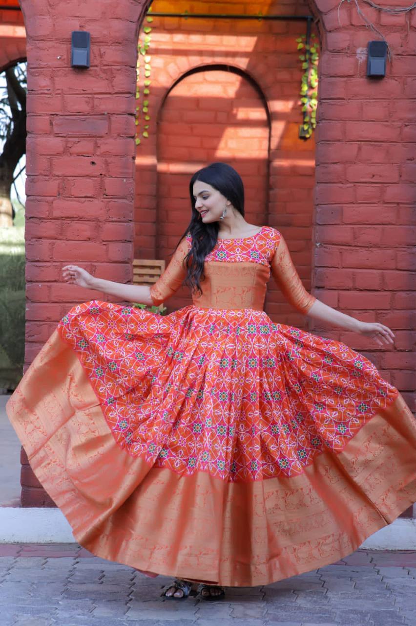 Patola Print Jacquard Silk Orange Color Gown
