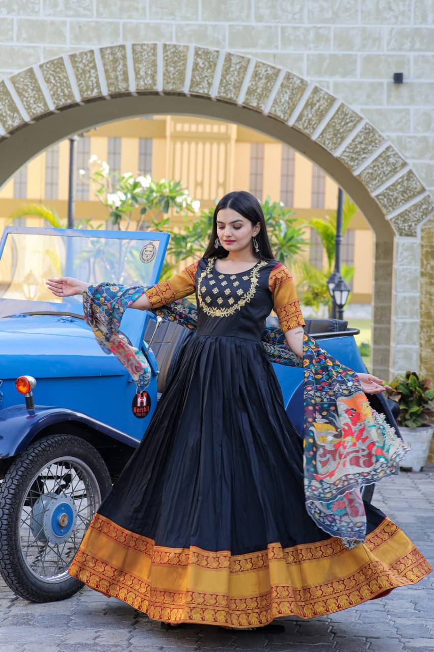 Black Color Jacquard Embroidered Gown With Dupatta