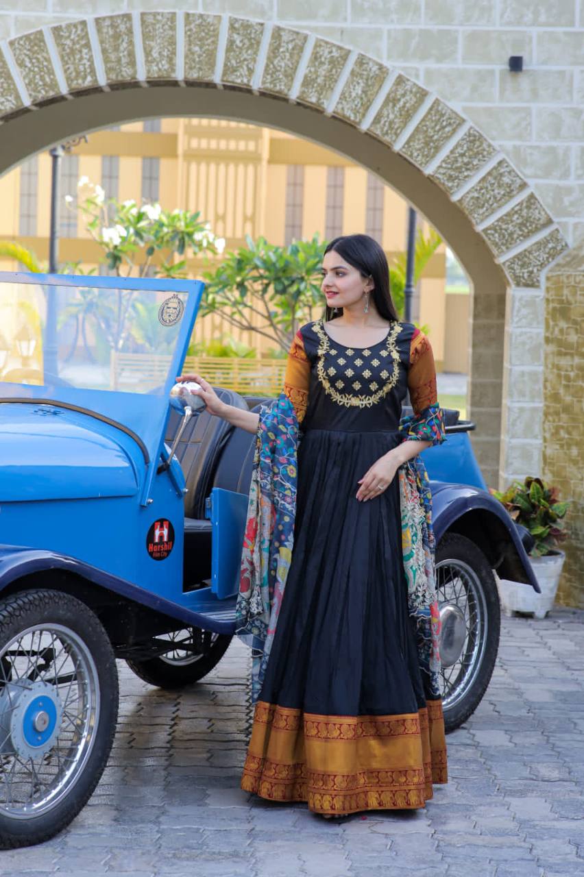 Black Color Jacquard Embroidered Gown With Dupatta
