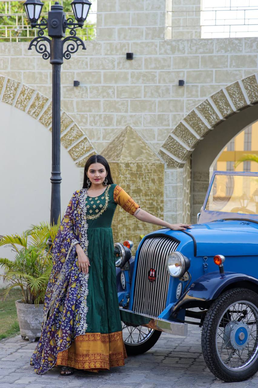Green Color Jacquard Embroidered Gown With Dupatta