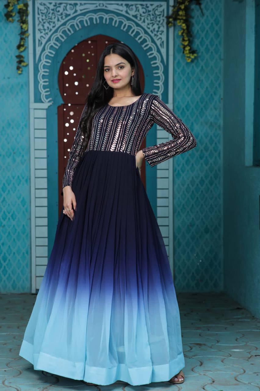 Embellished Sequence Work Blue Color Long Gown