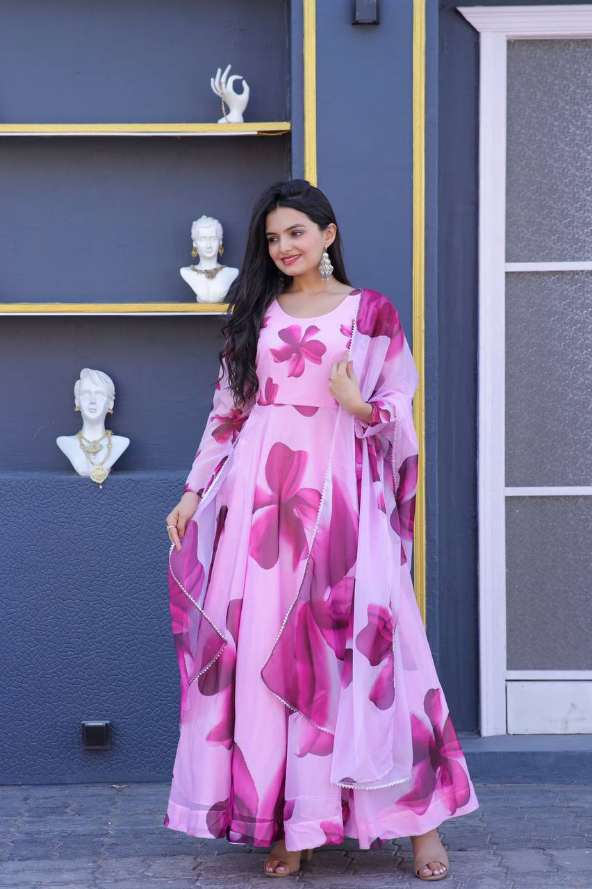 Good Looking Pink Color Printed Gown