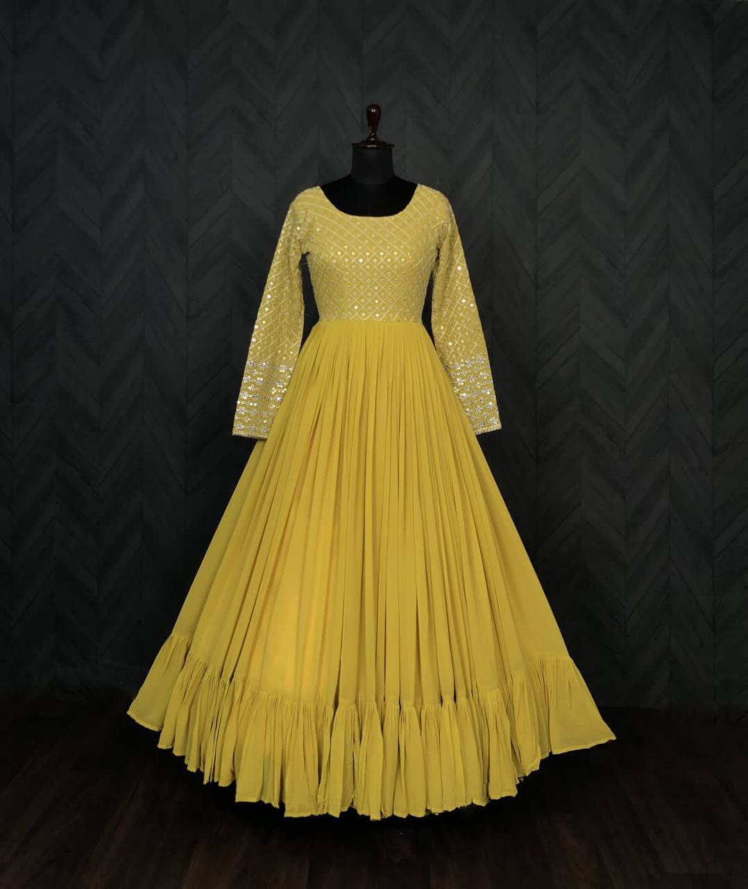 Ruffle Style Yellow Color Embroidered Work Gown